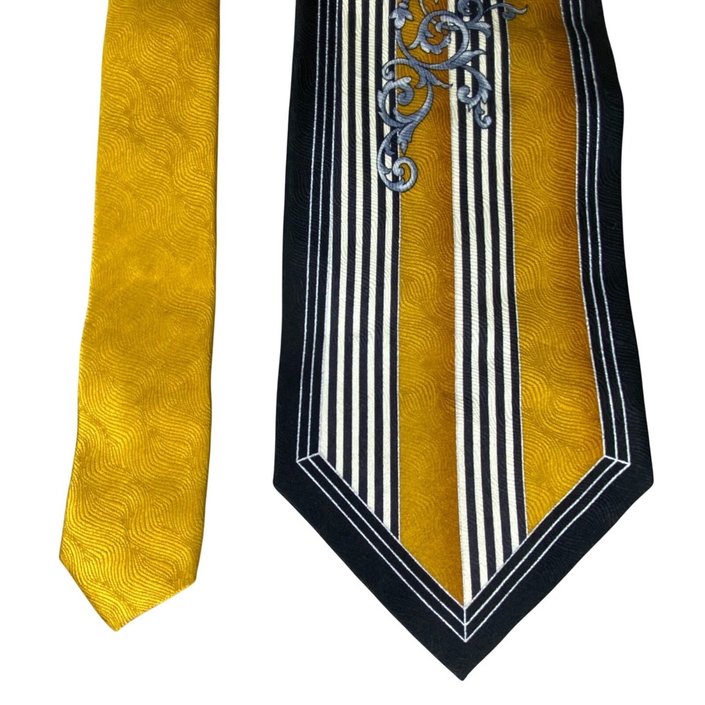 Steven Land Silk Necktie Men OS Gold Black Baroque Scroll Art Deco Striped 57x4